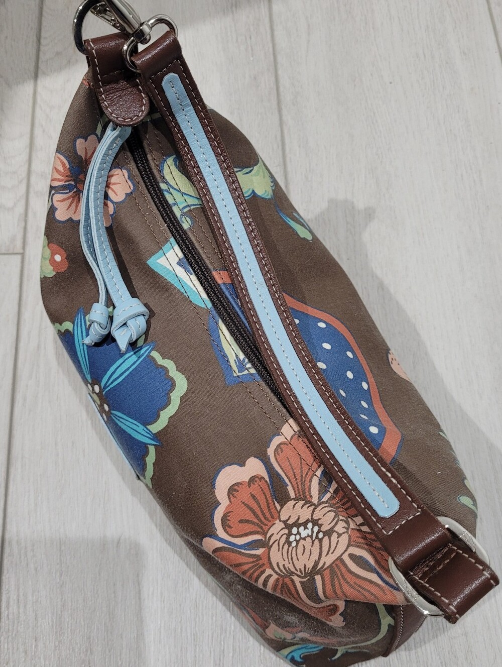 Longchamp Brown Floral Shoulder Bag with Blue Accents - Picture 8 of 11